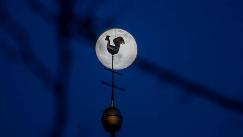 Ein Wetterhahn ist vor einem leuchtenden Vollmond positioniert, der in einem klaren Nachthimmel schwebt.