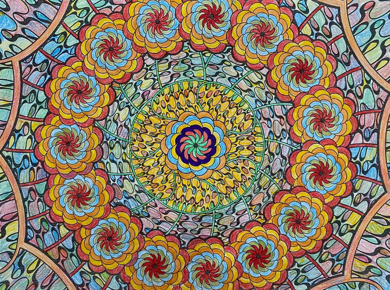 Ein buntes Mandala-Muster mit konzentrischen Kreisen aus blütenähnlichen Formen und abstrakten Elementen in leuchtenden Farben.