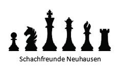 Das Bild zeigt schwarze Schachfiguren (Bauer, Springer, König, Dame, Läufer, Turm) unter denen „Schachfreunde Neuhausen“ geschrieben steht.